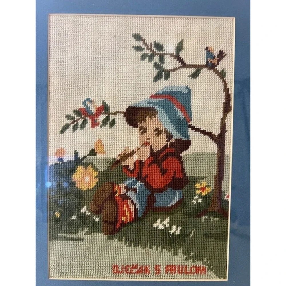 Vintage Hummel Style Needlepoint Framed Art Djecak S Frulom Boy with Flute 12x15